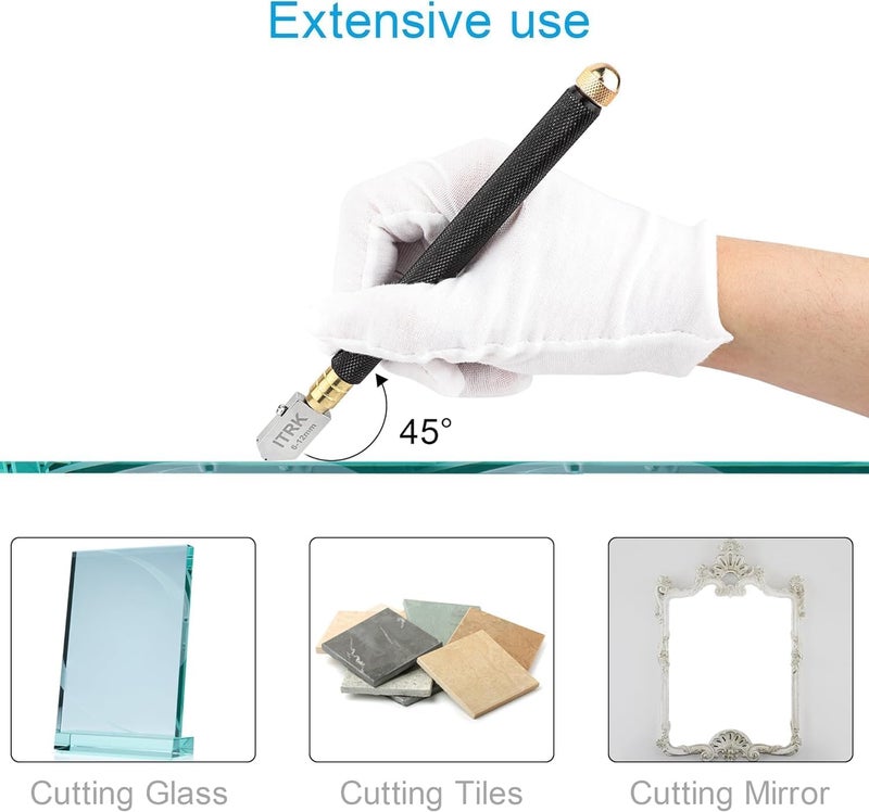 Camdios Glass Cutter 2mm-20mm & Glass Cutting Oil, Professional Upgrade Glass Cutters Tools with Carbide Tip & Automatic Oil Feed, Pencil Style Ergonomic Tool for Cutting Thick Glass, Tiles, Mirror, Mosaic - Image 5
